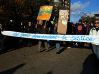 The banner reads 'People demand justice'. Between 1,000 and 1,500 people gather in Toulouse, France, on December 15, 2024, against a non-adm...