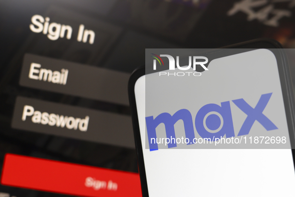 The Max logo appears on a smartphone screen next to a login screen with email and password in Reno, United States, on December 15, 2024. 