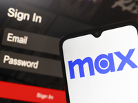 The Max logo appears on a smartphone screen next to a login screen with email and password in Reno, United States, on December 15, 2024. (