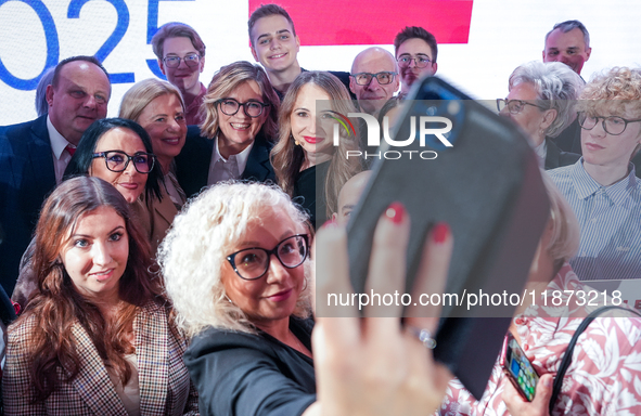 Katarzyna Kotula, Magdalena Biejat, Agnieszka Dziemianowicz-Bak take a selfie picture during the congress of the left-wing party ''Lewica''...