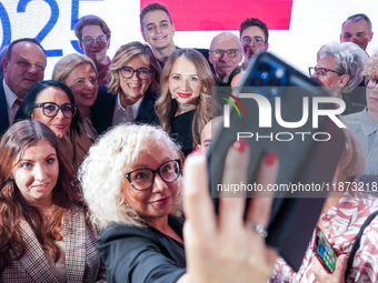 Katarzyna Kotula, Magdalena Biejat, Agnieszka Dziemianowicz-Bak take a selfie picture during the congress of the left-wing party ''Lewica''...