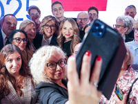 Katarzyna Kotula, Magdalena Biejat, Agnieszka Dziemianowicz-Bak take a selfie picture during the congress of the left-wing party ''Lewica''...