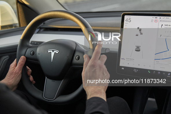 The images show the Tesla Model Y equipped with its Level 2 autonomous driving capabilities. The photos highlight the vehicle's logo, the na...