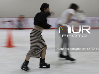 Attendees visit an ice rink in a Christmas village set up in the Tlahuac Forest in Mexico City on December 15, 2024. (