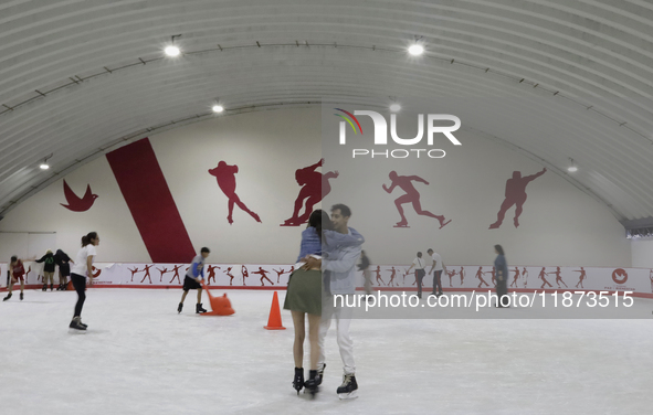 Attendees visit an ice rink in a Christmas village set up in the Tlahuac Forest in Mexico City on December 15, 2024. 