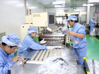 Workers work on the production line of a pharmaceutical packaging workshop in Lianyungang, Jiangsu province, China, on December 16, 2024. (