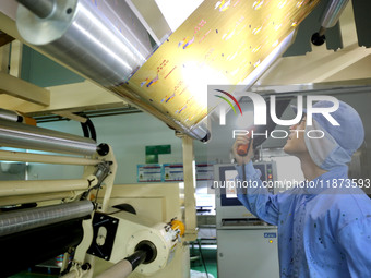 A worker works on the production line of a pharmaceutical packaging workshop in Lianyungang, China, on December 16, 2024. (