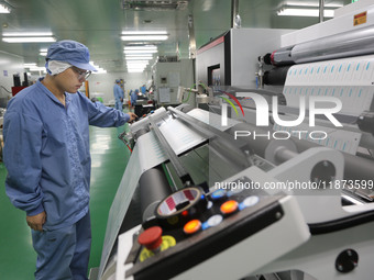 A worker works on the production line of a pharmaceutical packaging workshop in Lianyungang, China, on December 16, 2024. (