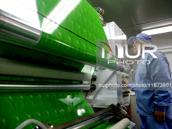 A worker works on the production line of a pharmaceutical packaging workshop in Lianyungang, China, on December 16, 2024. (