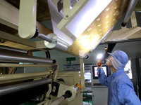 A worker works on the production line of a pharmaceutical packaging workshop in Lianyungang, China, on December 16, 2024. (