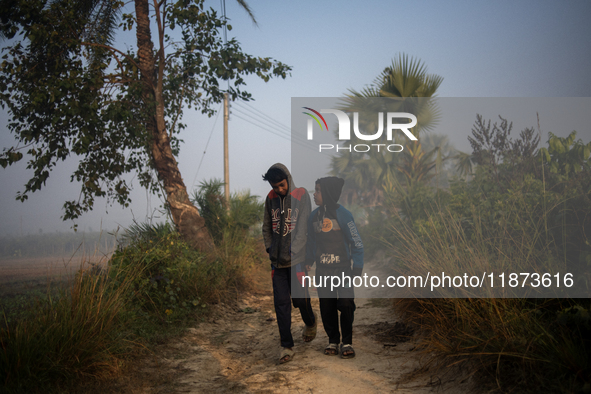 Boys walk along a village road on a winter morning in Magura, Bangladesh, on December 16, 2024. 