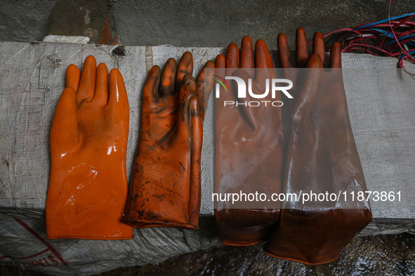 Gloves used while working on threads are left to air dry inside a dyeing center in Srinagar, Jammu and Kashmir, on December 16, 2024. Kashmi...