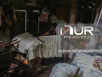 Ashiq Hussain Posh arranges threads inside a dyeing center in Srinagar, Jammu and Kashmir, on December 16, 2024. Kashmiris dye fabric and th...