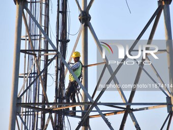 A telecom network engineer works on a mobile phone tower in Nagaon District, Assam, India, on December 16, 2024. (