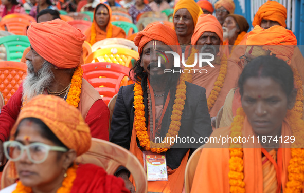 Members of Hindu Suraksha Samiti attend a protest meeting against the recent arrest of ISKCON Bangladesh priest Chinmoy Krishna Das by Dhaka...