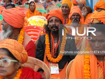 Members of Hindu Suraksha Samiti attend a protest meeting against the recent arrest of ISKCON Bangladesh priest Chinmoy Krishna Das by Dhaka...