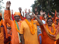 Members of Hindu Suraksha Samiti shout slogans during a protest against the recent arrest of ISKCON Bangladesh priest Chinmoy Krishna Das by...