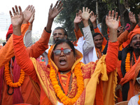 Members of Hindu Suraksha Samiti shout slogans during a protest against the recent arrest of ISKCON Bangladesh priest Chinmoy Krishna Das by...