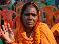 A member of Hindu Suraksha Samiti attends a protest meeting against the recent arrest of ISKCON Bangladesh priest Chinmoy Krishna Das by Dha...