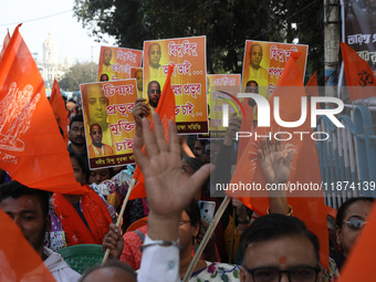 Members of Hindu Suraksha Samiti shout slogans during a protest against the recent arrest of ISKCON Bangladesh priest Chinmoy Krishna Das by...