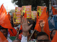 Members of Hindu Suraksha Samiti shout slogans during a protest against the recent arrest of ISKCON Bangladesh priest Chinmoy Krishna Das by...