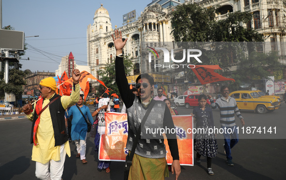 Members of Hindu Suraksha Samiti shout slogans during a protest against the recent arrest of ISKCON Bangladesh priest Chinmoy Krishna Das by...