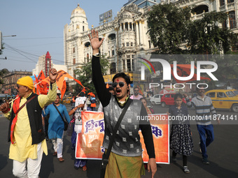 Members of Hindu Suraksha Samiti shout slogans during a protest against the recent arrest of ISKCON Bangladesh priest Chinmoy Krishna Das by...