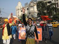 Members of Hindu Suraksha Samiti shout slogans during a protest against the recent arrest of ISKCON Bangladesh priest Chinmoy Krishna Das by...