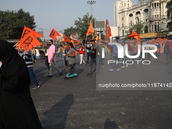 Members of Hindu Suraksha Samiti shout slogans during a protest against the recent arrest of ISKCON Bangladesh priest Chinmoy Krishna Das by...