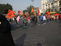 Members of Hindu Suraksha Samiti shout slogans during a protest against the recent arrest of ISKCON Bangladesh priest Chinmoy Krishna Das by...