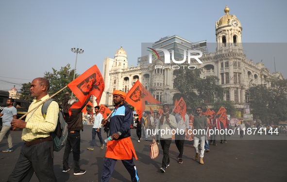 Members of Hindu Suraksha Samiti shout slogans during a protest against the recent arrest of ISKCON Bangladesh priest Chinmoy Krishna Das by...