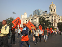 Members of Hindu Suraksha Samiti shout slogans during a protest against the recent arrest of ISKCON Bangladesh priest Chinmoy Krishna Das by...