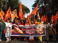 Members of Hindu Suraksha Samiti shout slogans during a protest against the recent arrest of ISKCON Bangladesh priest Chinmoy Krishna Das by...