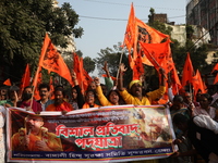 Members of Hindu Suraksha Samiti shout slogans during a protest against the recent arrest of ISKCON Bangladesh priest Chinmoy Krishna Das by...