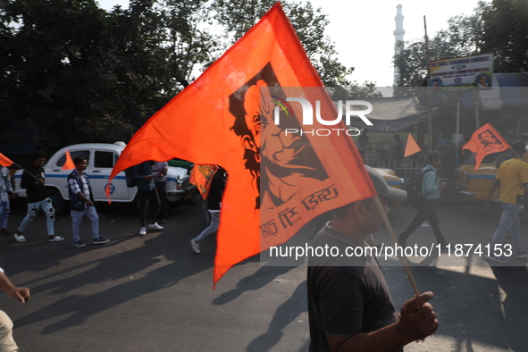 Members of Hindu Suraksha Samiti shout slogans during a protest against the recent arrest of ISKCON Bangladesh priest Chinmoy Krishna Das by...