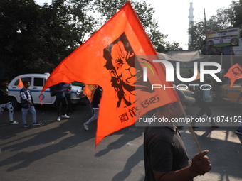 Members of Hindu Suraksha Samiti shout slogans during a protest against the recent arrest of ISKCON Bangladesh priest Chinmoy Krishna Das by...