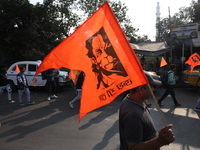 Members of Hindu Suraksha Samiti shout slogans during a protest against the recent arrest of ISKCON Bangladesh priest Chinmoy Krishna Das by...