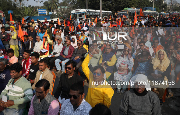 Members of Hindu Suraksha Samiti shout slogans during a protest against the recent arrest of ISKCON Bangladesh priest Chinmoy Krishna Das by...