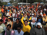 Members of Hindu Suraksha Samiti shout slogans during a protest against the recent arrest of ISKCON Bangladesh priest Chinmoy Krishna Das by...