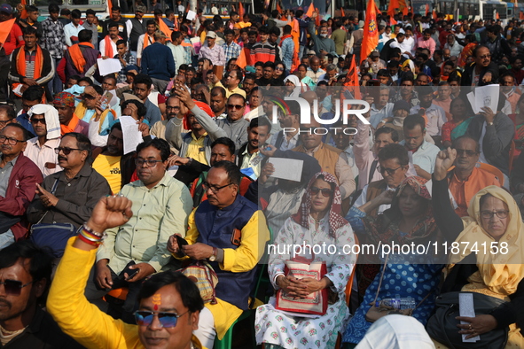 Members of Hindu Suraksha Samiti shout slogans during a protest against the recent arrest of ISKCON Bangladesh priest Chinmoy Krishna Das by...