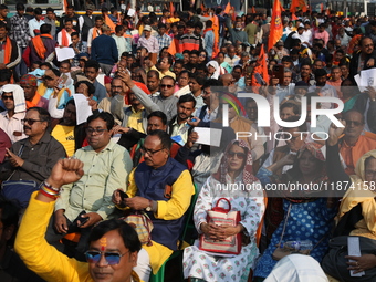 Members of Hindu Suraksha Samiti shout slogans during a protest against the recent arrest of ISKCON Bangladesh priest Chinmoy Krishna Das by...