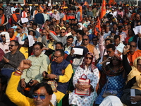 Members of Hindu Suraksha Samiti shout slogans during a protest against the recent arrest of ISKCON Bangladesh priest Chinmoy Krishna Das by...