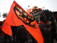 Members of Hindu Suraksha Samiti shout slogans during a protest against the recent arrest of ISKCON Bangladesh priest Chinmoy Krishna Das by...