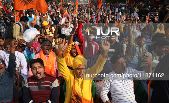 Members of Hindu Suraksha Samiti shout slogans during a protest against the recent arrest of ISKCON Bangladesh priest Chinmoy Krishna Das by...