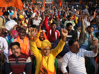 Members of Hindu Suraksha Samiti shout slogans during a protest against the recent arrest of ISKCON Bangladesh priest Chinmoy Krishna Das by...