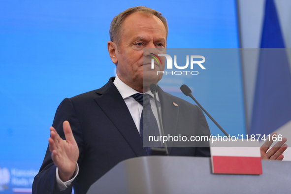 In Warsaw, Poland, on December 12, 2024, Prime Minister of Poland Donald Tusk meets with President of the French Republic Emmanuel Macron at...