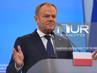 In Warsaw, Poland, on December 12, 2024, Prime Minister of Poland Donald Tusk meets with President of the French Republic Emmanuel Macron at...