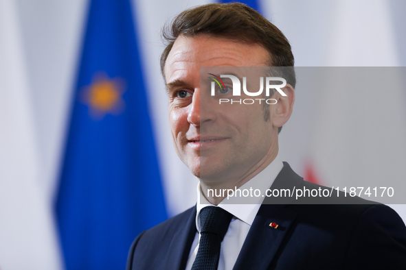 In Warsaw, Poland, on December 12, 2024, French President Emmanuel Macron meets with Polish Prime Minister Donald Tusk at the Chancellery of...