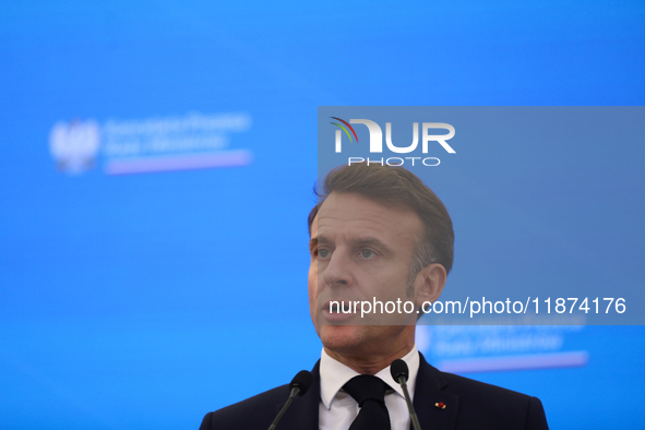 In Warsaw, Poland, on December 12, 2024, French President Emmanuel Macron meets with Polish Prime Minister Donald Tusk at the Chancellery of...