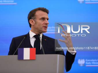 In Warsaw, Poland, on December 12, 2024, French President Emmanuel Macron meets with Polish Prime Minister Donald Tusk at the Chancellery of...